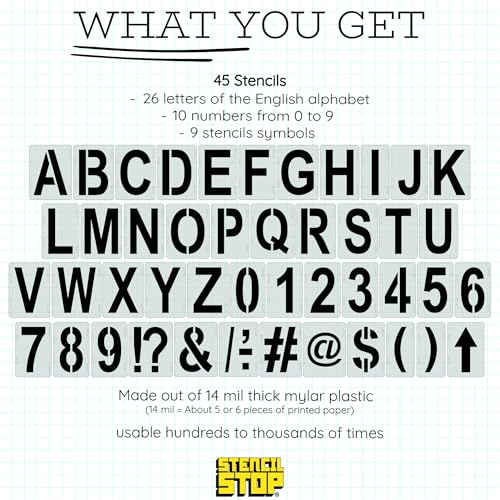 4 Inch (45 Pieces) Interlocking Alphabet & Number Stencil Kit - Complete Set with All Letters - Durable & Reusable Classic Font for Small Projects - Ceramic, Wood Boxes, Mailboxes, and Fabric - color: Classic Font, size: 4 inch