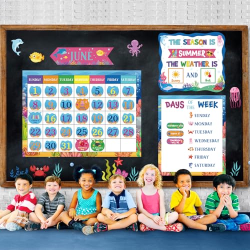 Tenare 169 Pcs Ocean Animals Classroom Calendar Bulletin Board Set, Calendar Seasons Weather Chart Bulletin Board and Classroom Display with Stickers for Bedroom Wall Decoration - style: Ocean Animals