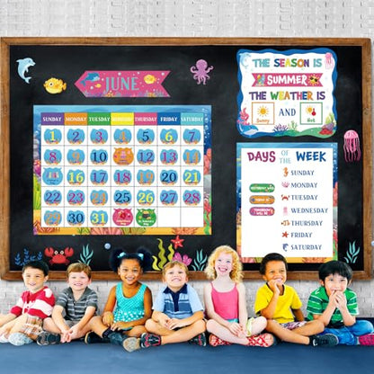 Tenare 169 Pcs Ocean Animals Classroom Calendar Bulletin Board Set, Calendar Seasons Weather Chart Bulletin Board and Classroom Display with Stickers for Bedroom Wall Decoration - style: Ocean Animals
