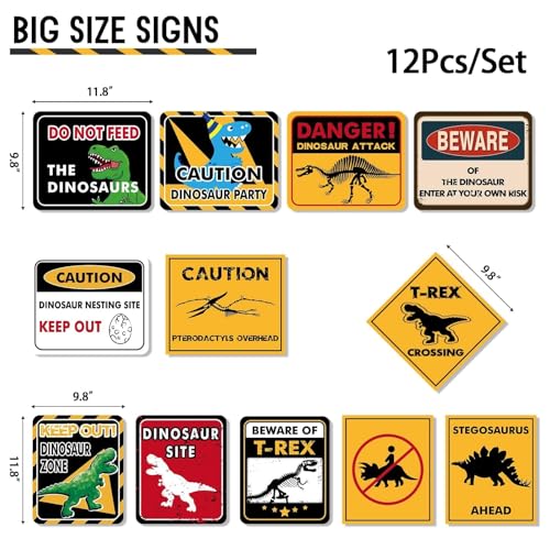 WERNNSAI 12 PCS Dinosaur Birthday Decorations - Dinosaur Party Supplies for Boys Kids Dino Birthday Funny Sign Decor for Jurassic Theme Baby Shower Holiday Party Favors Caution T-Rex Sign Wall Decor - style: Dinosaur 001
