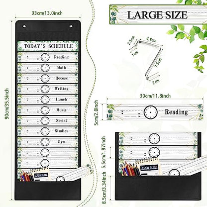 Tatuo Daily Schedule Pocket Chart Classroom Pocket Charts with Reusable Cards and 14 Pockets Farmhouse Classroom Supplies Greenery Schedule Charts for School Office Home Educational Activity(31 Pcs)