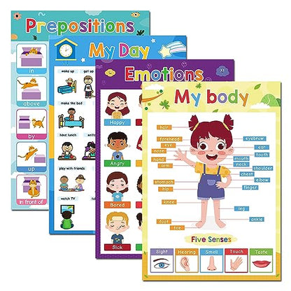 Lachilly Emotions, Prepositions, My Body, My Day Educational Posters for Toddlers, Classroom Decorations, Kindergarten Supplies Materials, Teacher Teaching Aids, 4Pcs for Distance Learning, A3 Size - style: Emotions, Prepositions, My Body, My Day