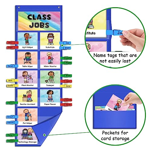ABCxGOOD Class Jobs Pocket Chart Class Management Educational Pocket Chart Teacher's Helper, Preschool Classroom Must Haves Supplies, Great for Classroom Homeschool. (Blue) (Blue, 29.5"*10") - color: Blue, size: 29.5"*10"