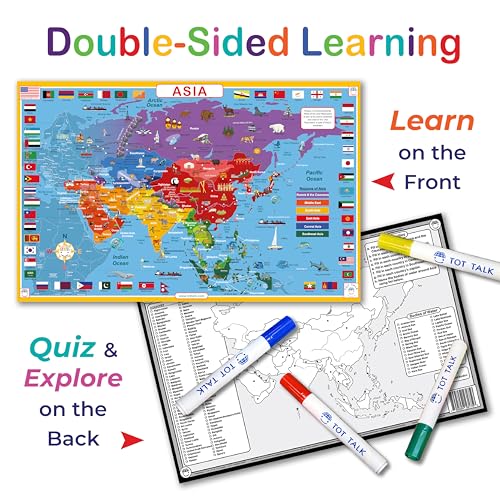 Tot Talk Asia Educational Placemat for Kids – Made in USA – Durable, Double-Sided Placemat Countries, Capitals, Flags, Waterways, Landmarks & Memory Activities – Waterproof Wipeable, 17.5” x 11.5” - color: Asia