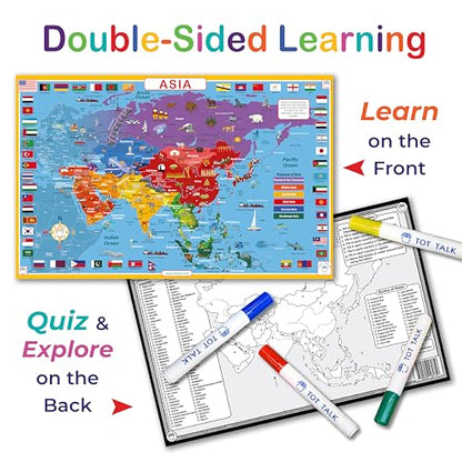 Tot Talk Asia Educational Placemat for Kids – Made in USA – Durable, Double-Sided Placemat Countries, Capitals, Flags, Waterways, Landmarks & Memory Activities – Waterproof Wipeable, 17.5” x 11.5” - color: Asia