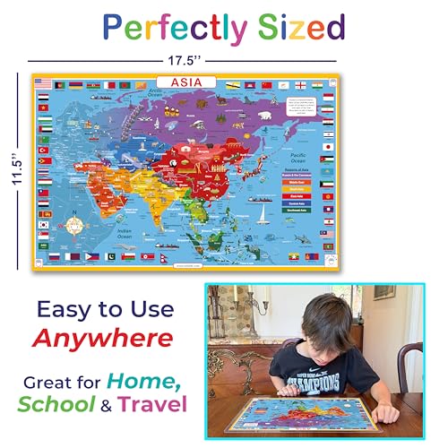 Tot Talk Asia Educational Placemat for Kids – Made in USA – Durable, Double-Sided Placemat Countries, Capitals, Flags, Waterways, Landmarks & Memory Activities – Waterproof Wipeable, 17.5” x 11.5” - color: Asia