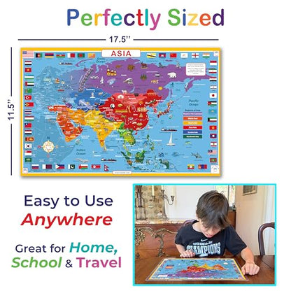 Tot Talk Asia Educational Placemat for Kids – Made in USA – Durable, Double-Sided Placemat Countries, Capitals, Flags, Waterways, Landmarks & Memory Activities – Waterproof Wipeable, 17.5” x 11.5” - color: Asia