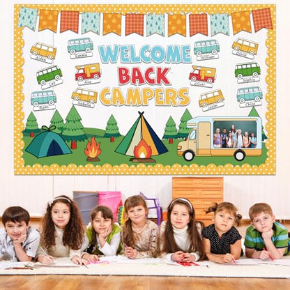 Summer Camping Bulletin Board Decorations Set Welcome Back Camper Classroom Decor Adventure Camp Themed Campfire Tent Paper Cutouts for Woodland Party Back to School Chalkboard Wall Supplies Favor - style: Summer Camping