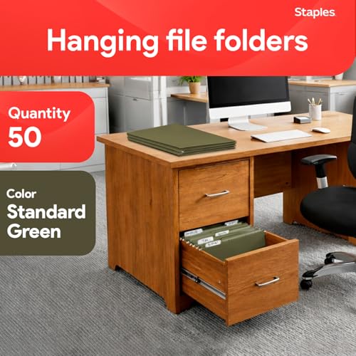 Staples Hanging File Folders, Legal Size, 1/5‑Cut Tabs, Standard Green, Includes Tabs & Paper Inserts – 50/Pack - style: 50 Pack