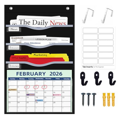 ALSLEA 4 Pockets Hanging Wall File Organizer 15" Extra Wide Pocket Chart for Classroom, Office, Home, Mail Organizer Wall Mounted with 1 Writable Clear Pocket, 5 Wall/ Door Hooks & 12 Labels (Black) - size: Small (4 Pockets)