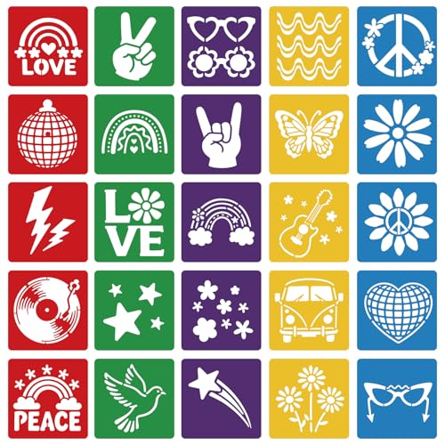 CUTHOLLOW 25 PCS Vintage Peace Painting Shape Stencils Sets - 8 Inch Reusable&Washable Drawing Template, Different Retro Primary Themed Sidewalk Chalk Art Stencils Kit for Craft Room Wall Paper - style: 25pcs-Vintage Peace Patterns