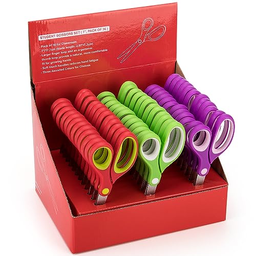 Students Scissors (36 Pairs Teacher Pack, Rounded-tip, 7- Inch) - 7’’ Soft Touch Blunt Kids School Student Scissors Shears KT-009-R36-A (Pack of 36)