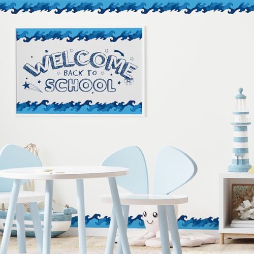 FYSUIMU 65.6 Ft Ocean Wave Bulletin Board Border Simple Blue Sea Wave Die Cut Border Trim Roll for Back to School Summer Beach Coastal Party Home Classroom Decor Teacher Supplies - style: Sea Wave