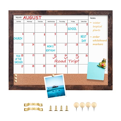 Dry Erase Calendar Whiteboard for Wall, 13" x 17" Small Combination Magnetic Dry Erase White Board & Bulletin Board, Walnut Brown Frame Calendar/Cork Combo Board(WB-3343-B) - color: Brown-b, size: 13“×17”