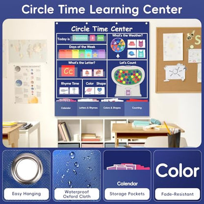 Circle Time Learning Center Classroom Pocket Chart, Circle Time Calendar Preschool Include 224 Cards, Educational Pocket Chart Material, Learning Calendar Weather Letter Counting Color Shape - color: Blue