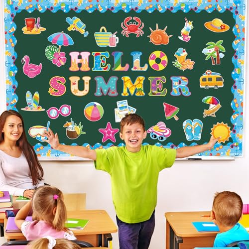 71 Pcs Hello Summer Bulletin Board Set Hawaiian Beach Slippers Sun DIY Borders Bulletin Trim Home School Hawaiian Tropical Party Supplies for Back to School Classroom Chalkboard Wall Door Decor - style: Coastal