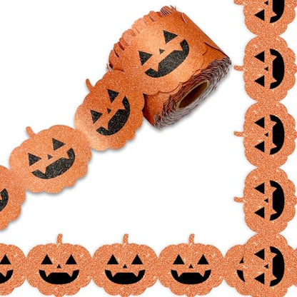 Whaline 65.6Ft Halloween Bulletin Board Border Glitter Orange Pumpkin Die Cut Trim Border Roll for Spooky Chalkboard Wall Decor - style: Halloween Pumpkin