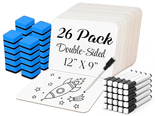 26 Pack Dry Erase Lapboards 12" x 9" - Double Sided Small Dry Erase Boards with 26 Markers & Erasers - Bulk Mini White Boards for Students, Kids, Teachers & School - Classroom Whiteboard Supplies