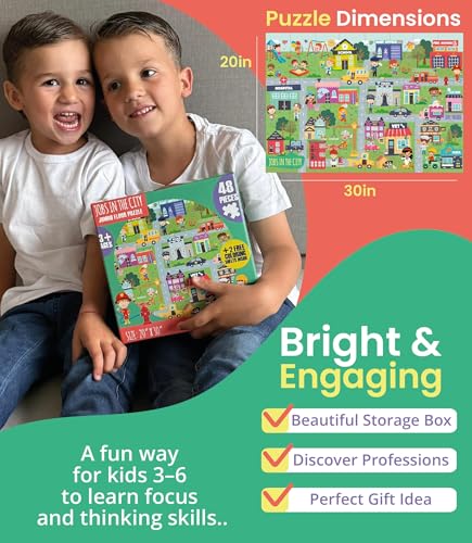 Floor Puzzles for Kids Ages 3-5 4-6 Educational 48 Piece City Jobs Theme with 2 Giant Coloring Posters Preschool Learning Toy Boosts Focus Creativity Screen Free Play Family Time Fun - style: JOBS IN THE CITY
