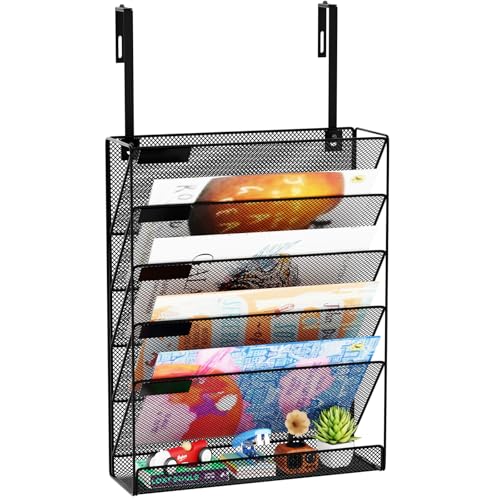 6-Tier Hanging File Organizer Office Cubicle Accessories for Work Organizer Wall Mount File Holder for Mails Folders Papers Magazine Organization, Black - color: Black, size: 6 Tier Ver.A & Hangers