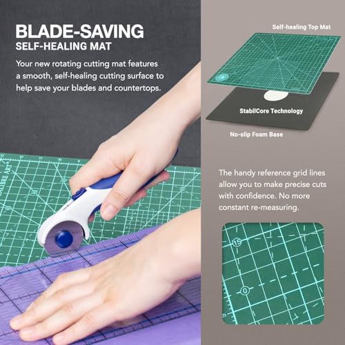 Calibre Art Rotating Self Healing Cutting Mat 8x8 (7" grids), Perfect for Quilting & Art Projects