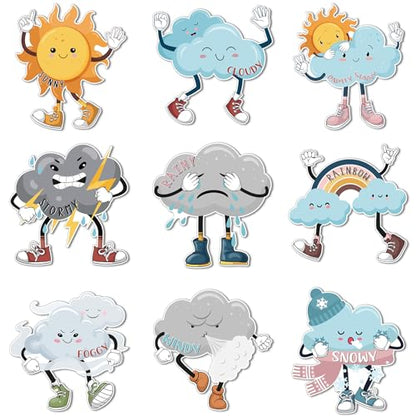 Fulmoon 9 Pcs Weather Posters Set Human Shaped Weather Table Chart Weather Bulletin Board Division Chart Artificial Weather Chart for Preschool Kindergarten Leaning Studying Classroom Wall Decor