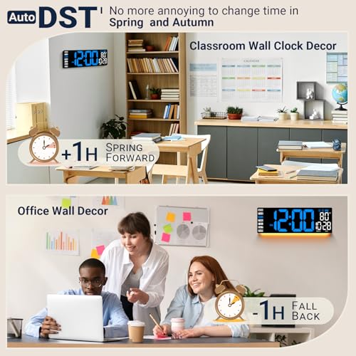 16.5" Large Digital Wall Clock with Remote Control, Auto-Dimming LED Display with Date Temp, Big Number Wall Mount Decor Clock for Seniors, Classroom, Dorm, Home, Office, Gym Blue