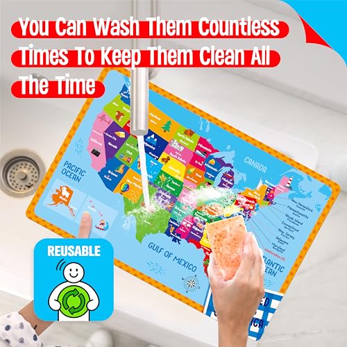 4 Pack Placemats for Kids, Non-Slip Washable Table Mats, Double-Sided Reusable Universe, Alphabet, Numbers, Map of USA & World Educational Placemats for Home, Kindergarten, Classroom, Nursery - style: Basic Cognition-Double-Sided