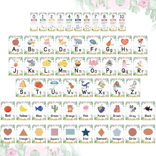 57 Pcs Alphabet for Classroom Wall ABC Alphabet Poster Letters Number line Colors Shapes Wall Chart Cards Bulletin Board Decorations for Back to School Classroom Decor(Cactus) - style: Cactus
