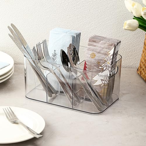 5-Compartment Clear Plastic Bin - Divided Art Supplies, Cosmetic Makeup Caddy Organizer - Multiuse Storage Container for Vanity, Bathroom, Kitchen, Office, Craft, Shower, Cleaning Items, (1 Pack)