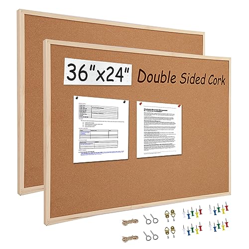 2 Pack 24” x 36” Cork Boards for Walls with Wooden Frame, Double Sided Office Board for Wall Organizer, Bulletins Board Decorative Hanging Pin Board for School, Home & Office, Notice Board Memo Board - color: Beige, size: 24" x 36"-2pack