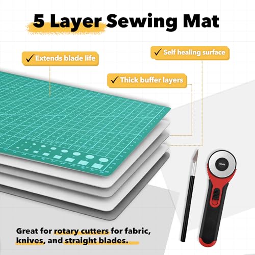 Mandala Crafts Self-Healing Cutting Mat Set – 9" x 12" A4 Green Double-Sided 5-Ply Mat with Fabric Cutter, Quilt Ruler & Craft Knife for Sewing, Quilting, Leather & Scrapbooking - color: Green Combo, size: 9 x 12 Inches Mat Combo