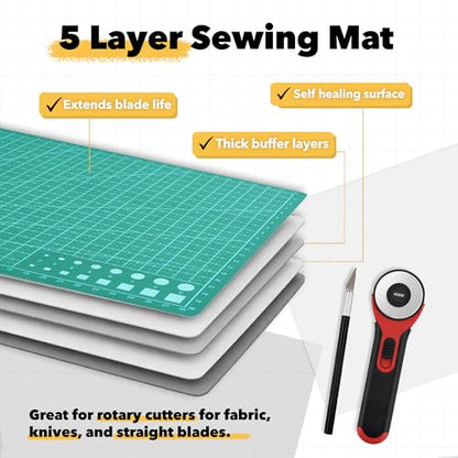 Mandala Crafts Self-Healing Cutting Mat Set – 9" x 12" A4 Green Double-Sided 5-Ply Mat with Fabric Cutter, Quilt Ruler & Craft Knife for Sewing, Quilting, Leather & Scrapbooking - color: Green Combo, size: 9 x 12 Inches Mat Combo