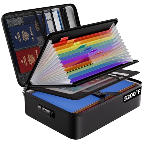 ENGPOW Fireproof File Organizer Bag with 13 Colorful Pockets Accordion File Folder,5200℉ Document Organizer Box with Lock&Labels,Multi-Layer Portable Home Safe Storage for Important Documents,Files - color: Black, style: 13 Pockets,colorful