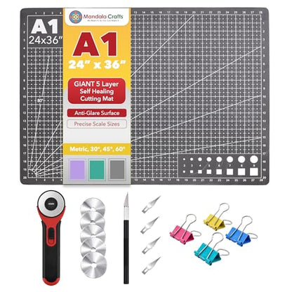 Mandala Crafts Self-Healing Cutting Mat Set – 24" x 36" A1 Black Gray Double-Sided 5-Ply Mat with Fabric Cutter, Quilt Ruler & Craft Knife for Sewing, Quilting, Leather & Scrapbooking - color: Black Combo, size: 24 x 36 Inches Mat Combo