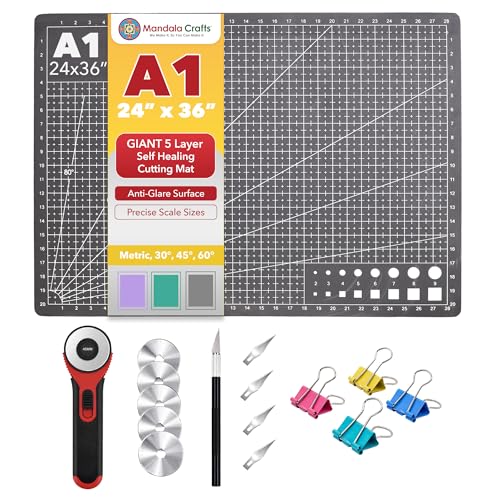 Mandala Crafts Self-Healing Cutting Mat Set – 24" x 36" A1 Black Gray Double-Sided 5-Ply Mat with Fabric Cutter, Quilt Ruler & Craft Knife for Sewing, Quilting, Leather & Scrapbooking - color: Black Combo, size: 24 x 36 Inches Mat Combo
