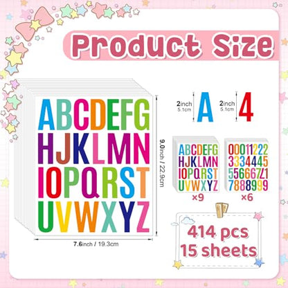414Pcs Letter Stickers Alphabet Stickers 15 Sheets 2 Inch Vinyl Letter Sticker Self Adhesive Alphabet Number Stick on Sticker for Scrapbook Classroom Craft Window Bulletin Board Sign Mailbox Numbers - color: Colorful