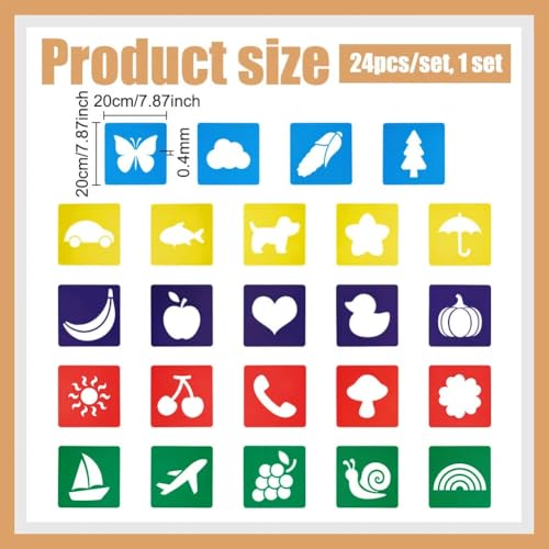 CUTHOLLOW 24 PCS Painting Stencils Sets, 8 Inch Reusable & Washable Plastic Drawing Template Sidewalk Chalk Art Stencils Kit with Animals Fruit Plant Themed Primary Shape for Craft Room Wall Paper - style: 24pcs-Animal&Fruit&Plant