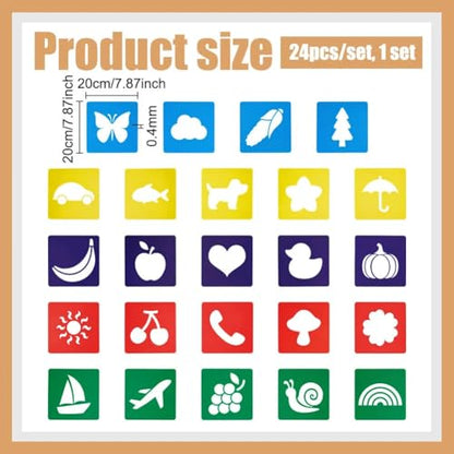 CUTHOLLOW 24 PCS Painting Stencils Sets, 8 Inch Reusable & Washable Plastic Drawing Template Sidewalk Chalk Art Stencils Kit with Animals Fruit Plant Themed Primary Shape for Craft Room Wall Paper - style: 24pcs-Animal&Fruit&Plant