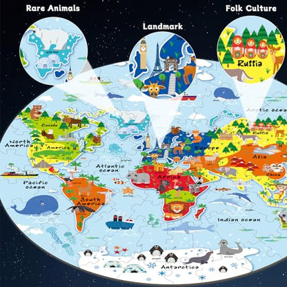 2 Sets World Puzzle United States Map Puzzle with Poster World and US Geography Jumbo Round Floor Puzzles Jigsaw for Kids Ages 3-5 Educational Learning Toys Puzzles Valentines Birthday Gift 70 Pieces