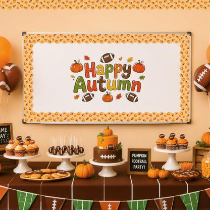 BeYumi Fall Orange Border Trim - 65ft Pumpkin Rolled Border Classroom Decor | Autumn Thanksgiving Pumpkin Bows Football Bulletin Board Border Set School Classroom Chalkboard Home Harvest Party Decoration - style: Pumpkin Bow Football