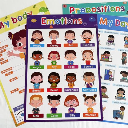 Lachilly Emotions, Prepositions, My Body, My Day Educational Posters for Toddlers, Classroom Decorations, Kindergarten Supplies Materials, Teacher Teaching Aids, 4Pcs for Distance Learning, A3 Size - style: Emotions, Prepositions, My Body, My Day