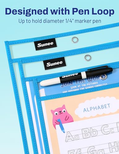 SUNEE 30 Packs Oversized Reusable Dry Erase Pocket Sleeves with 2 Rings, Blue 10x14 Ticket Holders, Clear Plastic Sheet Protectors, Teacher School Classroom Supplies - color: Blue, style: 30 Pack