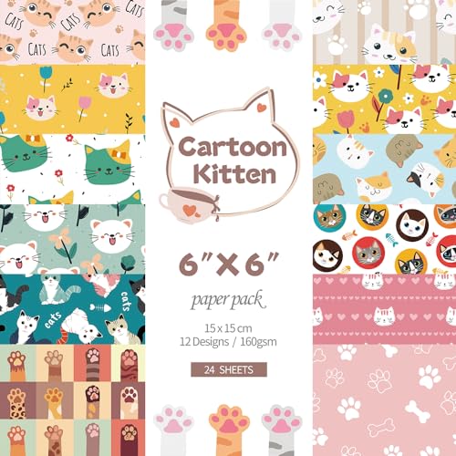 6x6” 160gsm cardstock Single Sided Scrapbooking 24 Papers Pad vintage decoupage scrapbook kit patterned paper junk journal supplies journaling supply scrap paper crafting Cat - color: 24sheets-cat