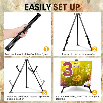 AROIC 3 Pack 14'' Tabletop Easels, Black Steel Table Top Easels for Display, Adjustable Portable Table Top Easel for Paintings, Signs, Posters,Frame Pictures(with 3 Bags) - style: 3P