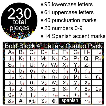 230PCS Confetti Bulletin Board Letters 4 Inch Confetti Letter Cutouts for Poster Board Class Alphabet and Punctuation Cutouts Set for Bulletin Poster Display School Wall Classroom Decor - style: Confetti