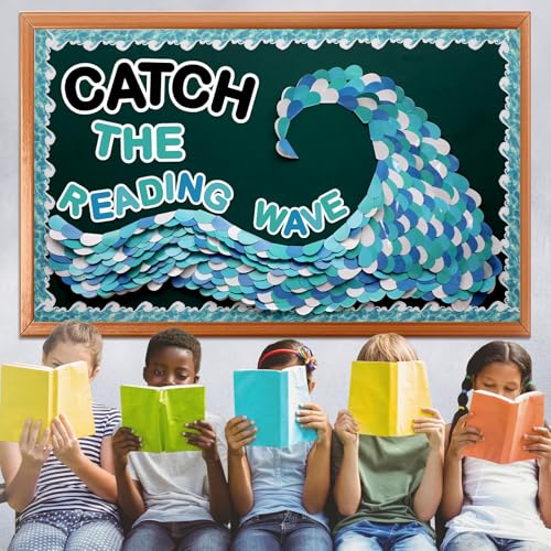 Summer Ocean Reading Bulletin Board Decorations Ocean Waves Theme Bulletin Board Set Catch The Reading Wave Half Heart Cutouts for Library School Classroom Chalkboard Wall Decor - style: Ocean Waves