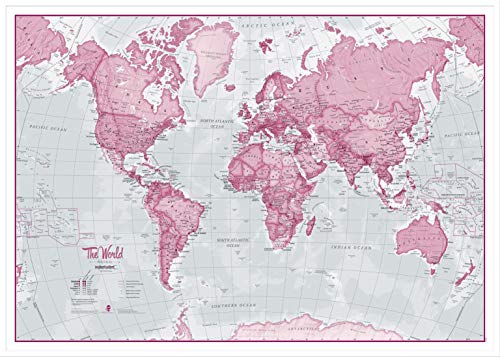 Maps International Large The World is Art Wall Map - Pink - Push Pin Board Mounted with White Wood Frame - 48 x 36 - size: 48 x 36 Wood Frame White