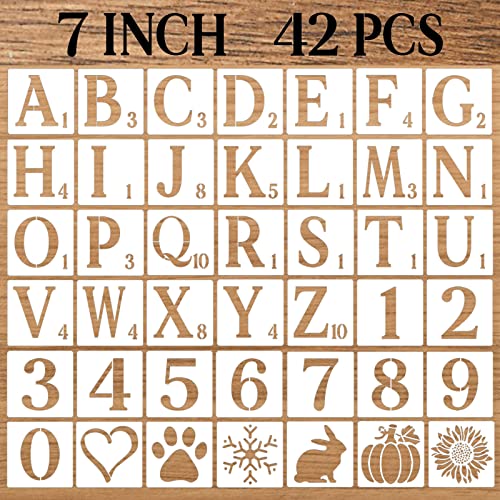 7 Inch Letter Stencils Numbers Craft Stencils, 42 Pcs Reusable Plastic Alphabet Drawing Templates for Painting on Wood, Wall, Fabric, Rock, Signage, Door Porch, DIY Art Projects - size: 7 Inch