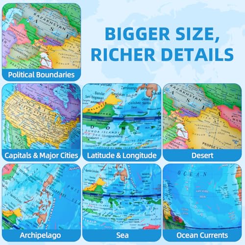 BSHAPPLUS 13 inch Large Globe for Classroom & Home Learning, Political Globe with 195+ Countries, Dry Erase & Waterproof Surface, Solid Stainless Steel Base (No Assembly Required) - color: Blue, size: 13inch